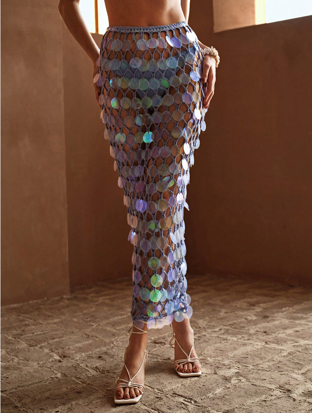 Fustă Maxi „Holo Glam” – Plasă cu Paiete Irizante