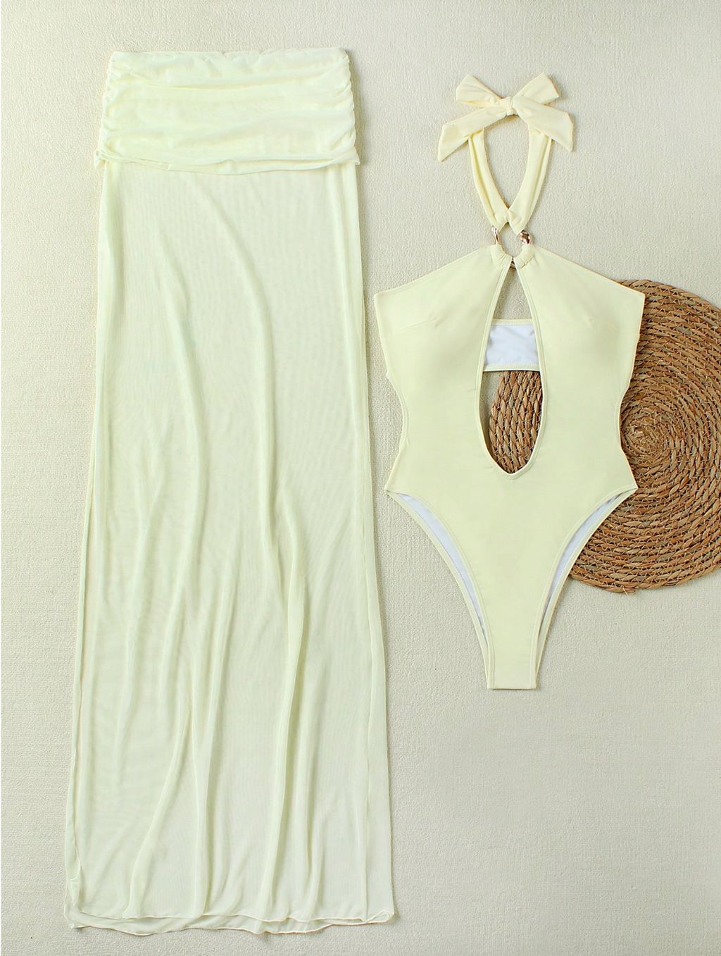 Set „Sands of Serenity” – Costum de Baie Cut-Out & Fustă Maxi