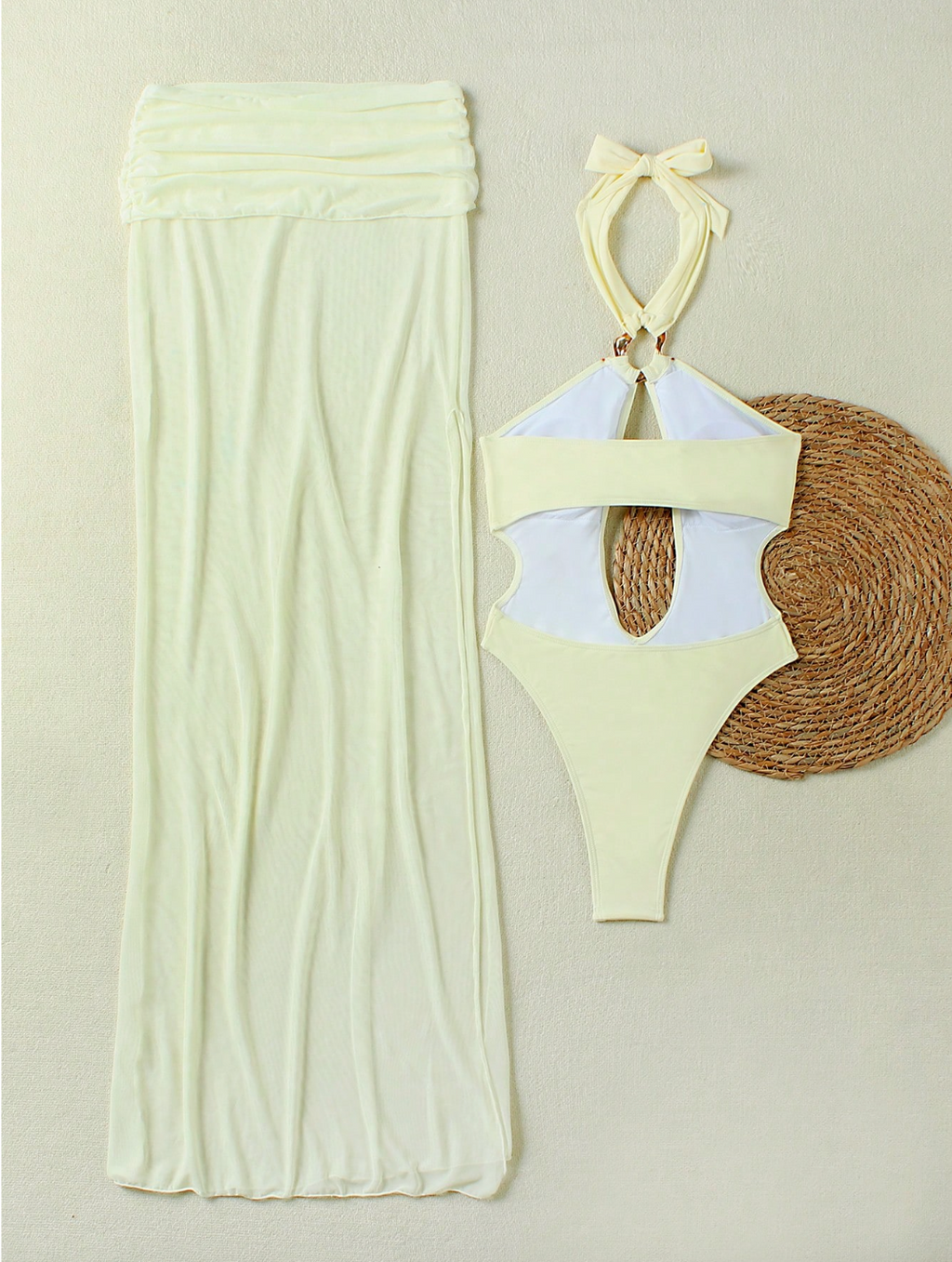 Set „Sands of Serenity” – Costum de Baie Cut-Out & Fustă Maxi