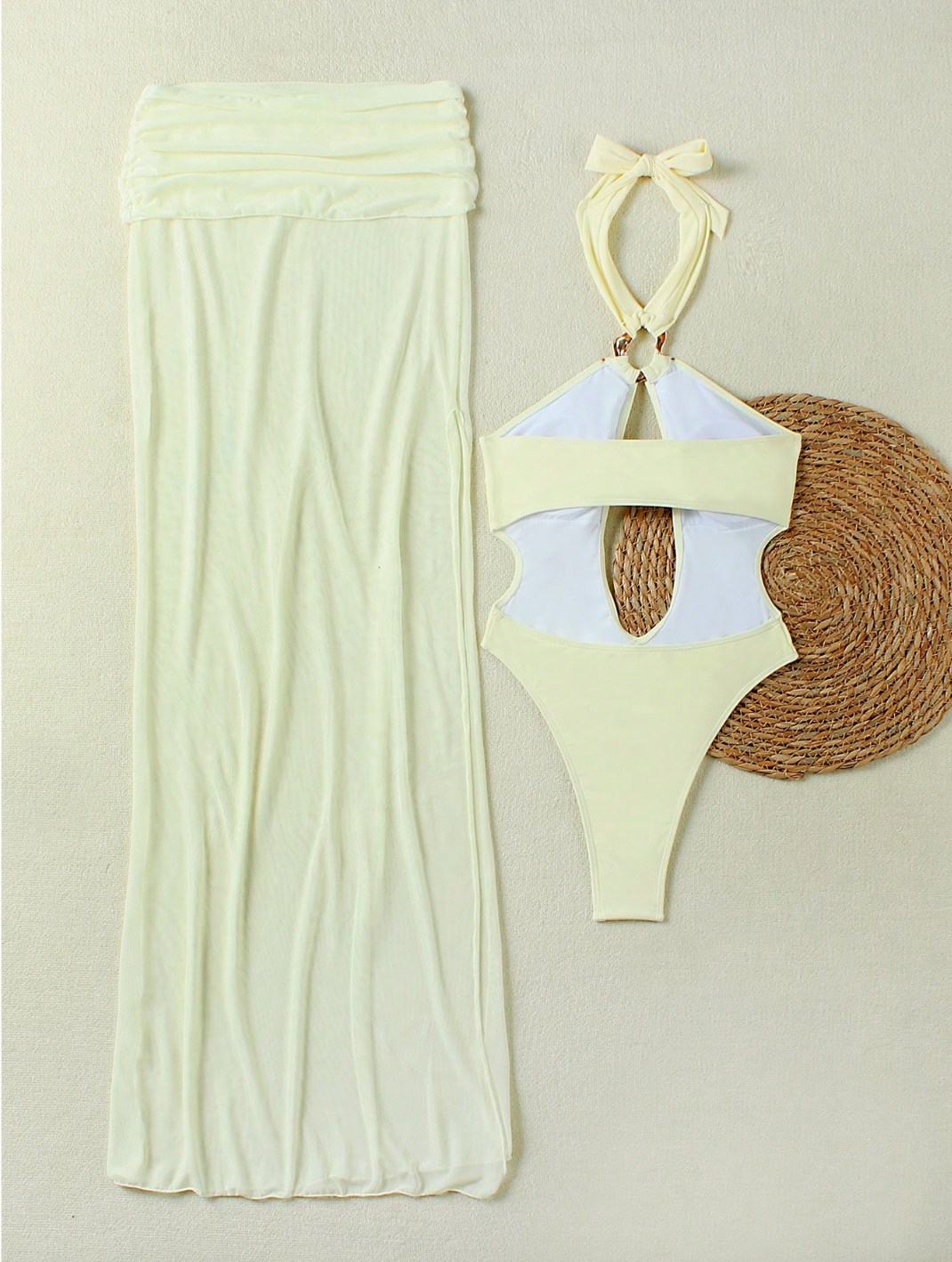 Set „Sands of Serenity” – Costum de Baie Cut-Out & Fustă Maxi