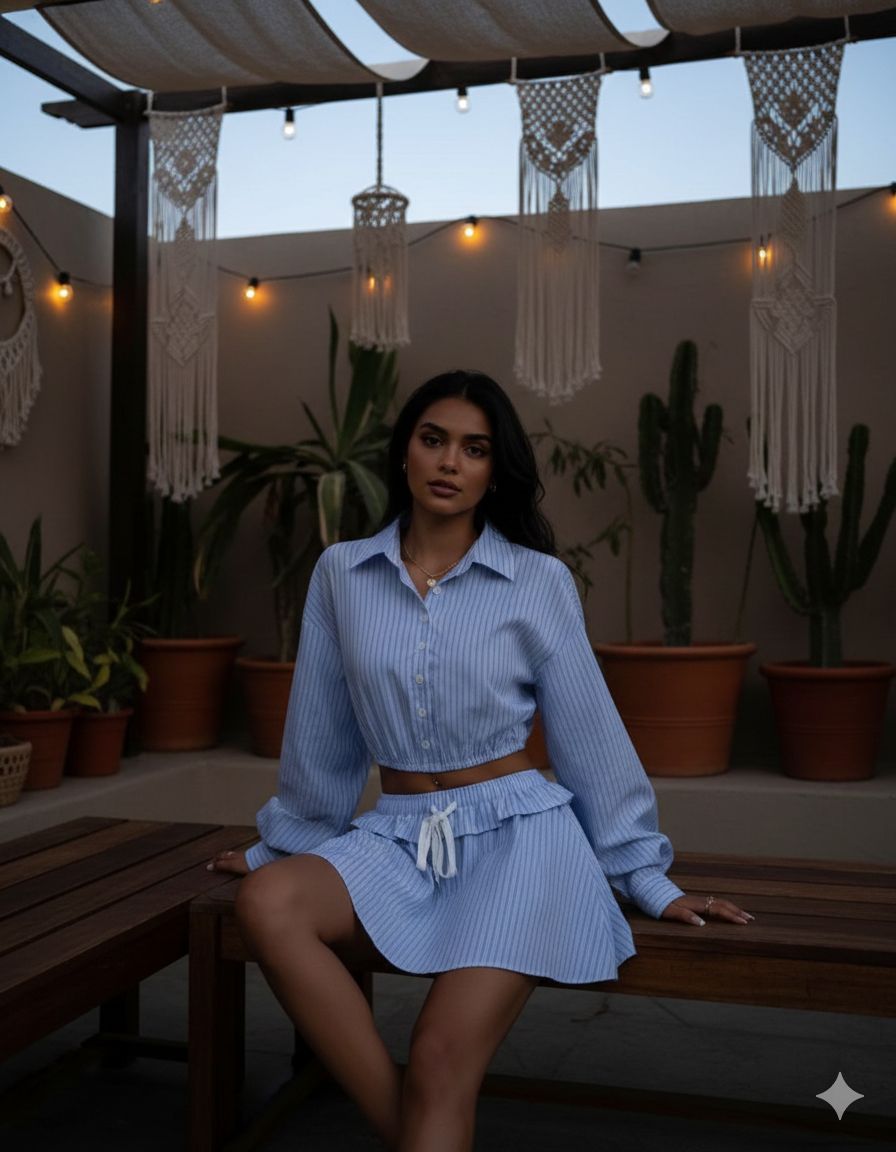 Set Co-ord "Azure Stripes" – Cămașă Cropped și Fustă cu Volane